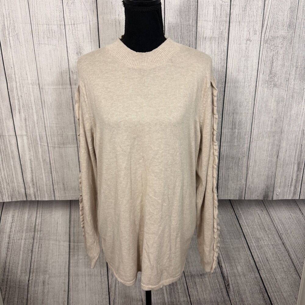 Soft Surroundings Women's 1X Beige Long Ruffle Sleeve Luxury Minimalist Sweater